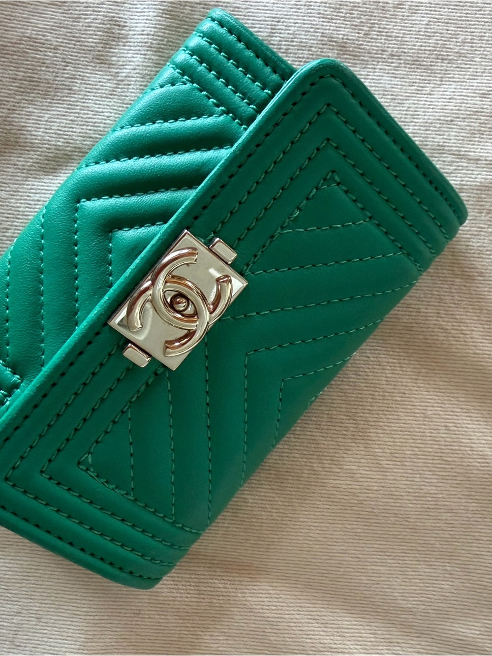 [SOLD] Chanel Lambskin Chevron Quilted Boy Card Holder Wallet Green